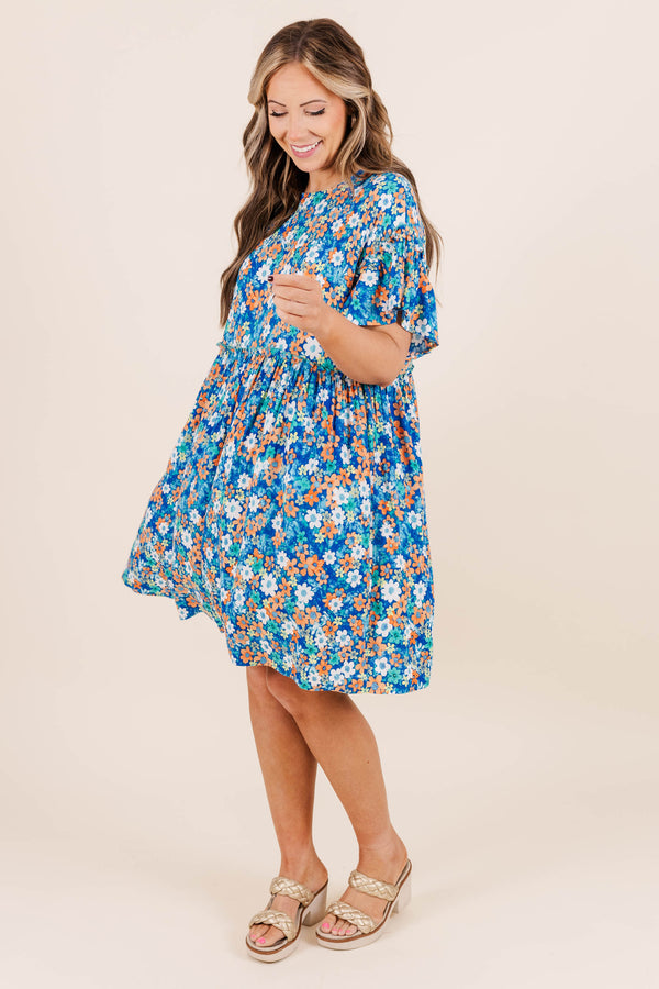 Chic Soul plus size clothing, blue floral print babydoll dress with short flowy sleeves