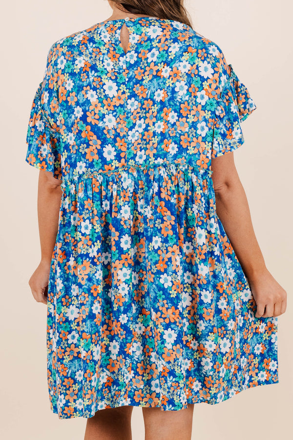 Chic Soul plus size clothing, blue floral print babydoll dress with short flowy sleeves