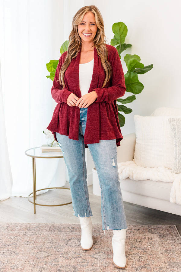 Chic Soul plus size clothing, long-sleeve burgundy ruffled baby doll cardigan 