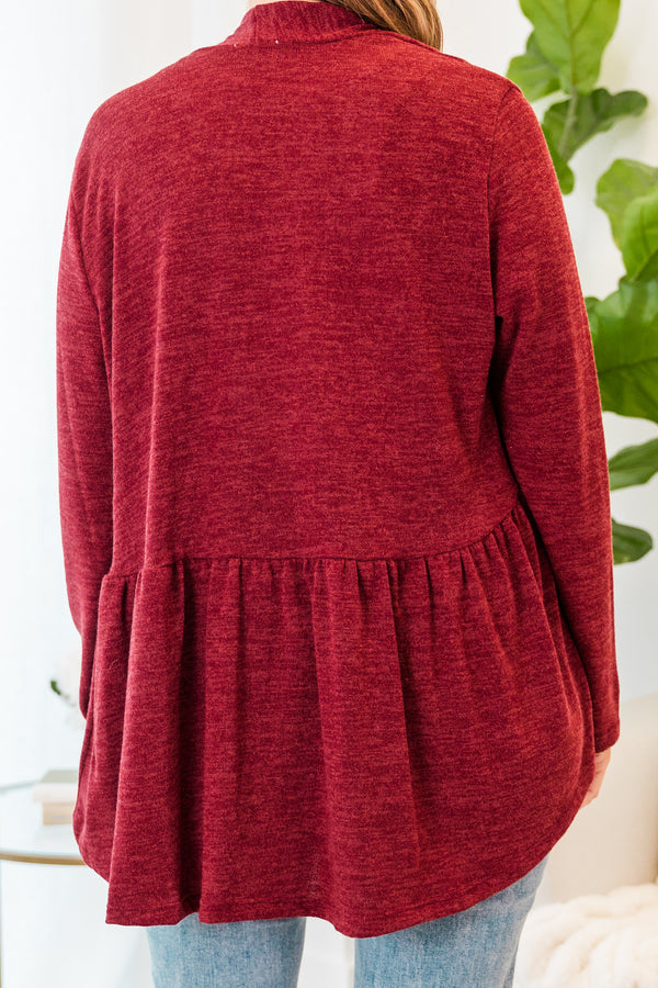 Chic Soul plus size clothing, long-sleeve burgundy ruffled baby doll cardigan 