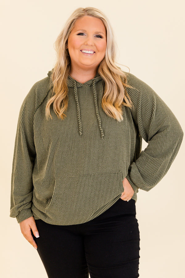 Chic Soul plus size clothing, olive long sleeve ribbed hoodie with pouch pocket in front with drawstring detail and cuff sleeves