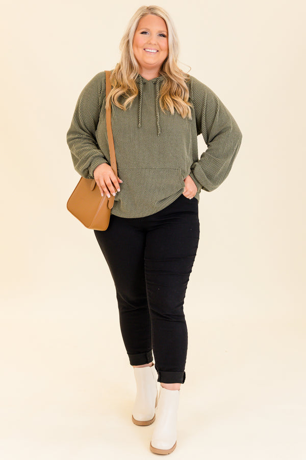 Chic Soul plus size clothing, olive long sleeve ribbed hoodie with pouch pocket in front with drawstring detail and cuff sleeves