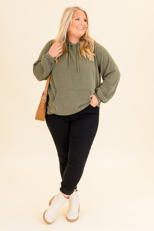 Chic Soul plus size clothing, olive long sleeve ribbed hoodie with pouch pocket in front with drawstring detail and cuff sleeves