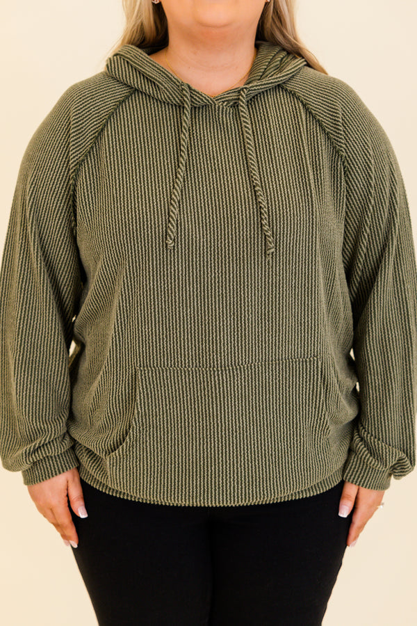 Chic Soul plus size clothing, olive long sleeve ribbed hoodie with pouch pocket in front with drawstring detail and cuff sleeves