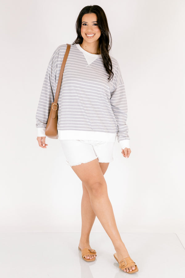 Chic Soul plus size clothing, light grey long sleeve crew neck pullover with thin white horizontal striping and white trim around the collar and hem