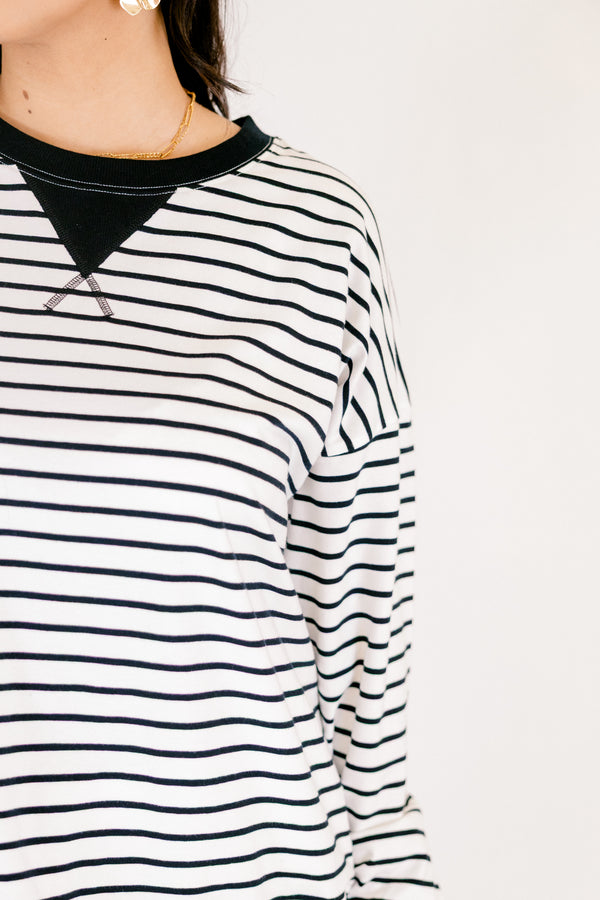 Chic Soul plus size clothing, white and black horizontal pin stripe crewneck pullover with solid black trim round the hem and sleeves
