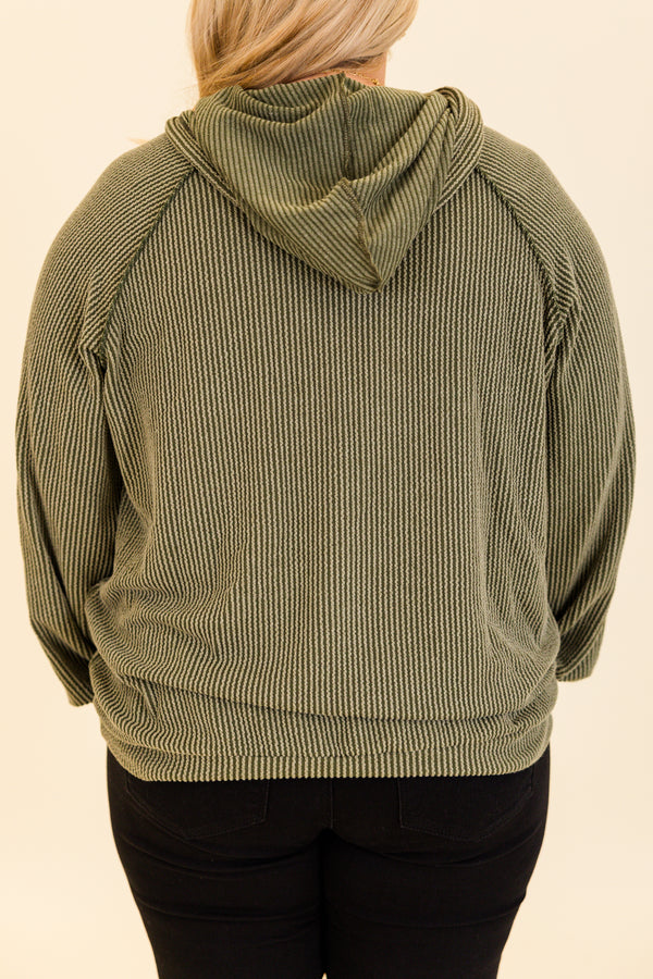 Chic Soul plus size clothing, olive long sleeve ribbed hoodie with pouch pocket in front with drawstring detail and cuff sleeves