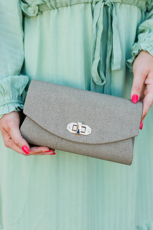 Chic Soul plus size clothing, taupe crossbody clutch with gold hardwear