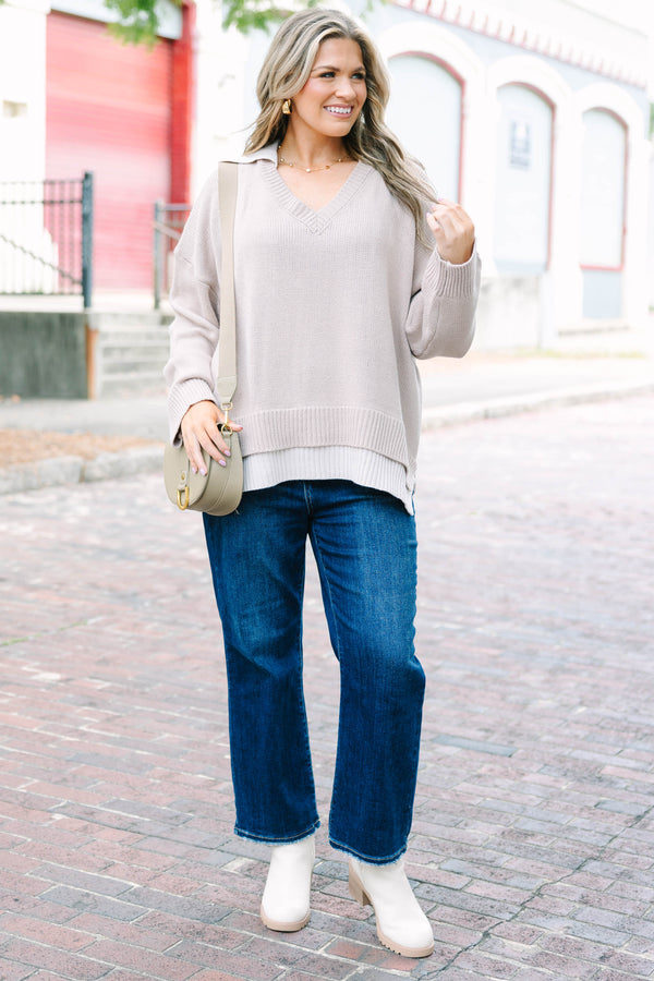 Plus Size ash mocha v-neck sweater with a faux-layered contrast collar and hem in a relaxed fit.
