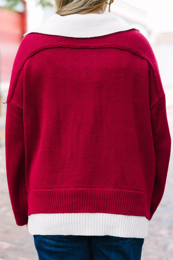 Plus Size dark burgundy v-neck sweater with a faux-layered white collar and hem in a relaxed fit.