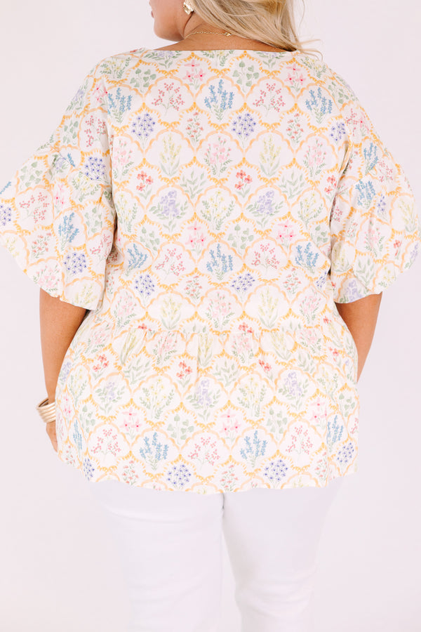 Chic Soul plus size clothing, floral ivory babydoll top with elastic puff sleeves