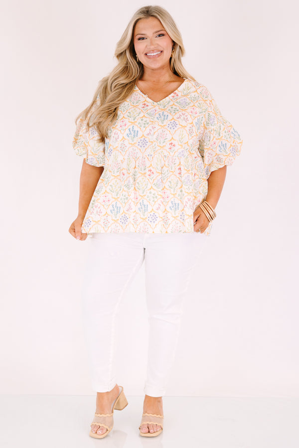Chic Soul plus size clothing, floral ivory babydoll top with elastic puff sleeves