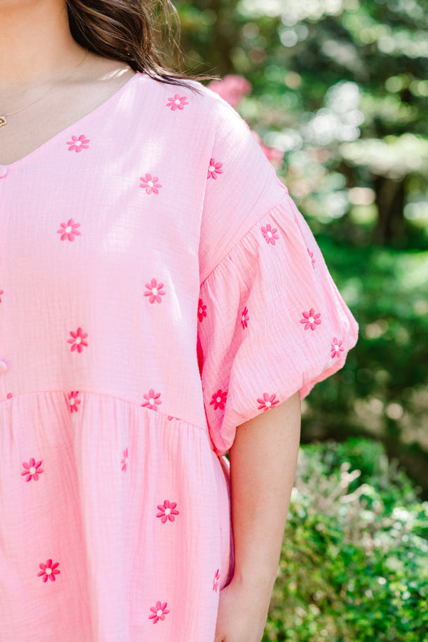 Chic Soul plus size clothing, pink short sleeve peplum top with v neckline and puff sleeves with hot pink embroidered flowers
