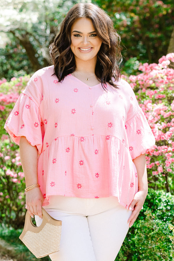 Chic Soul plus size clothing, pink short sleeve peplum top with v neckline and puff sleeves with hot pink embroidered flowers