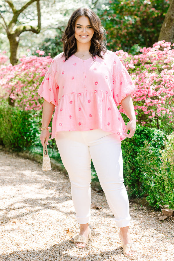 Chic Soul plus size clothing, pink short sleeve peplum top with v neckline and puff sleeves with hot pink embroidered flowers