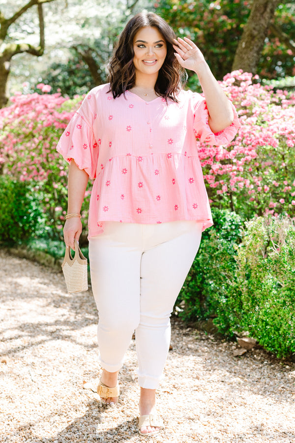 Chic Soul plus size clothing, pink short sleeve peplum top with v neckline and puff sleeves with hot pink embroidered flowers