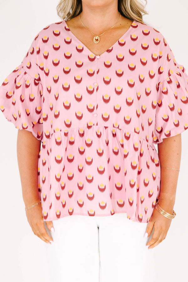 Chic Soul plus size clothing, pink short sleeve baby doll blouse with button up detail down the front with v neckline with bubble sleeves with abstract yellow/fuchsia print
