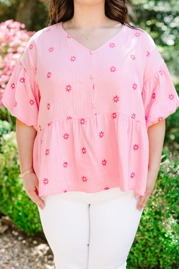 Chic Soul plus size clothing, pink short sleeve peplum top with v neckline and puff sleeves with hot pink embroidered flowers