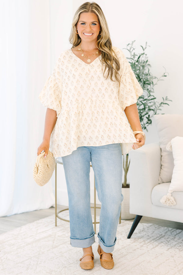 Chic Soul plus size clothing, light yellow short-balloon sleeve shallow v-neck casual top with dainty floral pattern