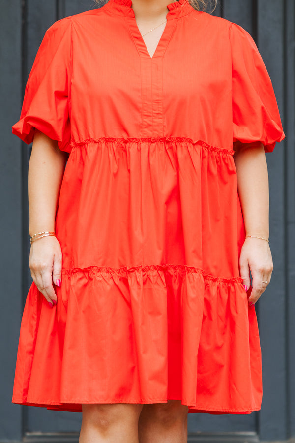 Chic Soul plus size clothing, bright red flowy mini dress with puffed sleeves and ruffled details with small v-neckline