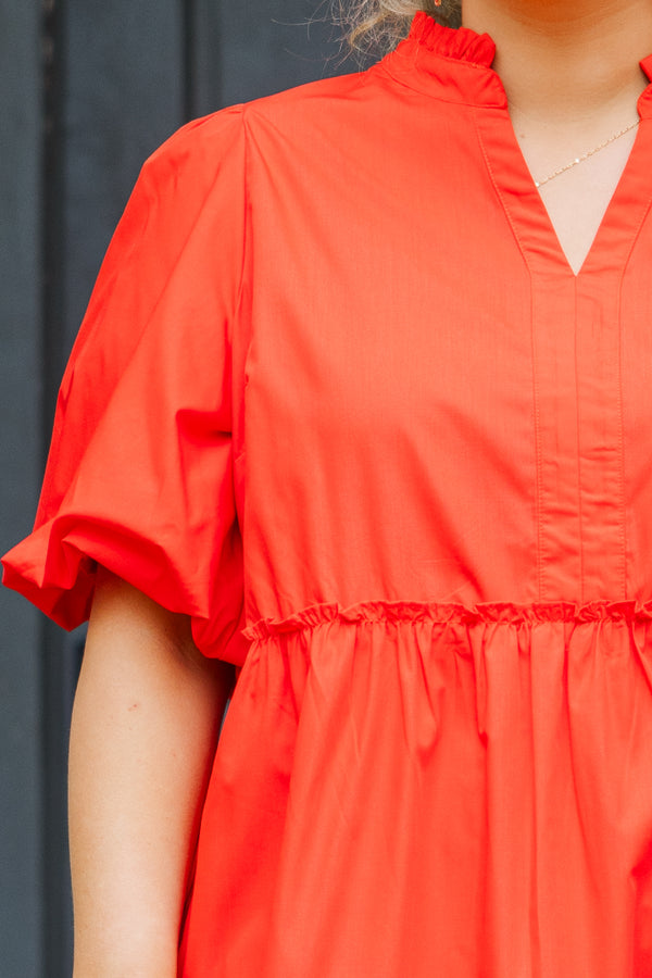 Chic Soul plus size clothing, bright red flowy mini dress with puffed sleeves and ruffled details with small v-neckline