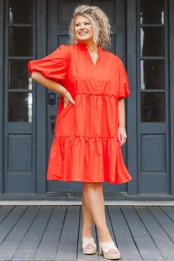 Chic Soul plus size clothing, bright red flowy mini dress with puffed sleeves and ruffled details with small v-neckline