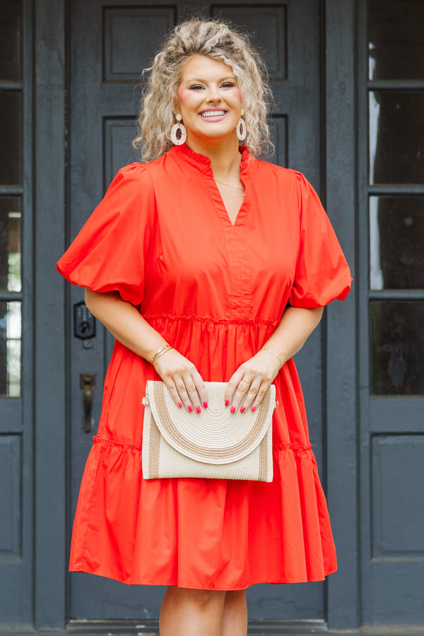 Chic Soul plus size clothing, bright red flowy mini dress with puffed sleeves and ruffled details with small v-neckline 