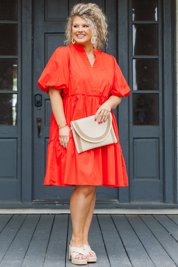 Chic Soul plus size clothing, bright red flowy mini dress with puffed sleeves and ruffled details with small v-neckline