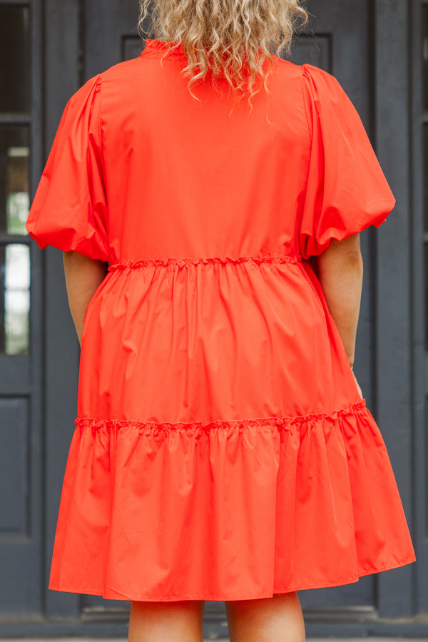 Chic Soul plus size clothing, bright red flowy mini dress with puffed sleeves and ruffled details with small v-neckline