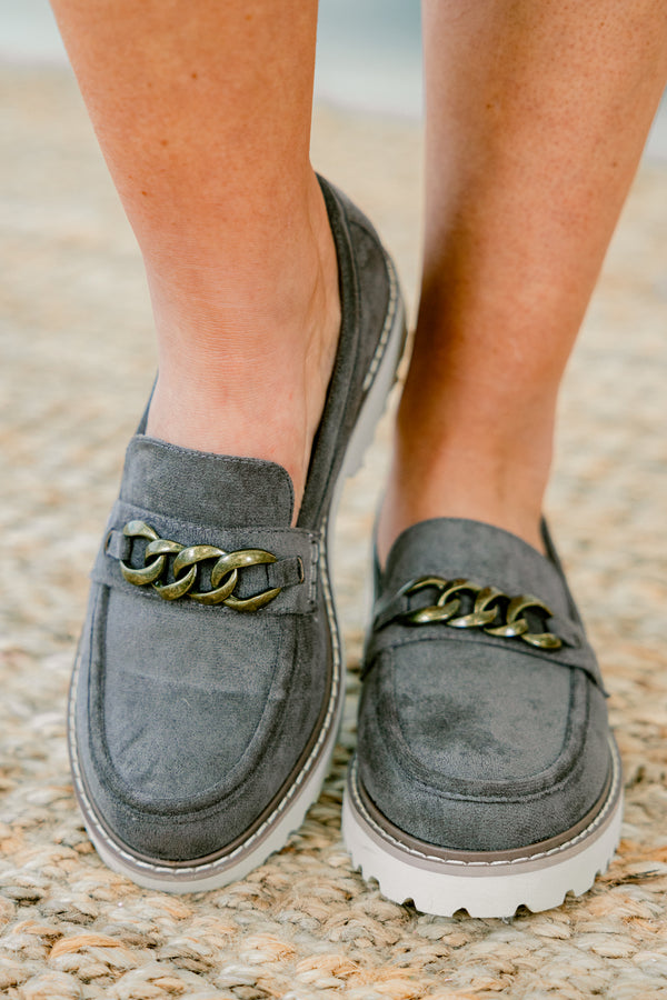 Chic Soul plus size clothing, light gray faux suede loafers with brass chain accent on each shoe