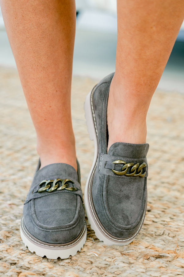 Chic Soul plus size clothing, light gray faux suede loafers with brass chain accent on each shoe