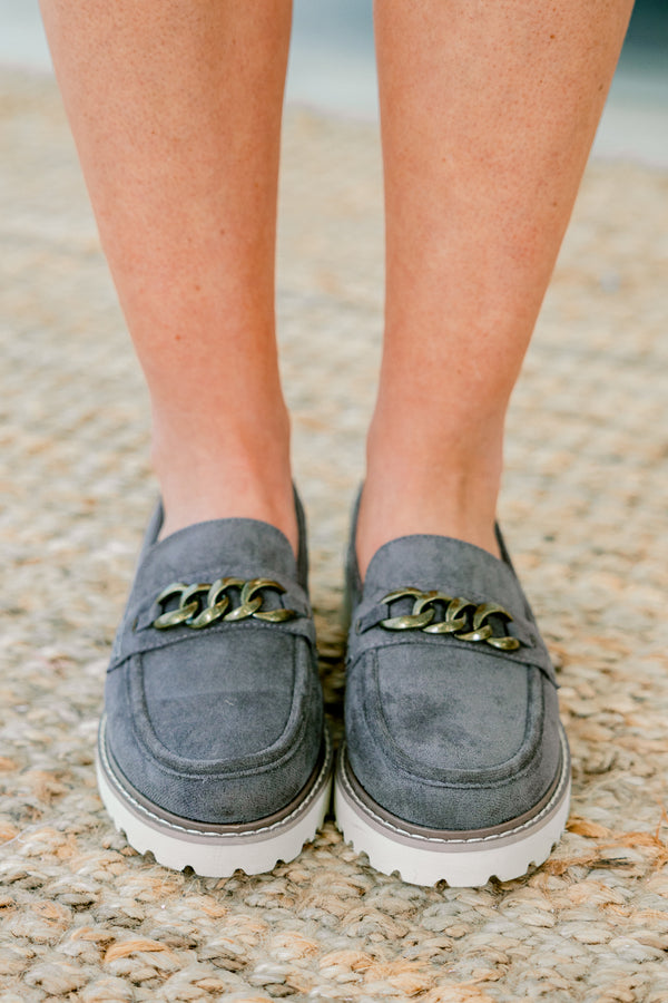 Chic Soul plus size clothing, light gray faux suede loafers with brass chain accent on each shoe