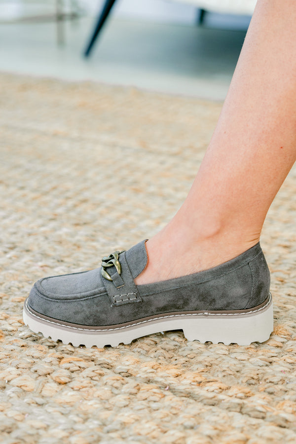 Chic Soul plus size clothing, light gray faux suede loafers with brass chain accent on each shoe
