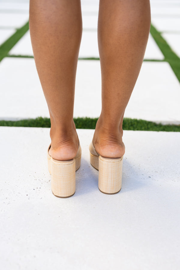 Chic Soul plus size clothing, natural tan woven peep toe block heels