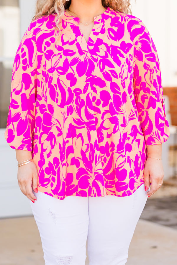 Chic Soul plus size clothing, apricot and pink floral top with three quarter length sleeves with v cutout on neckline