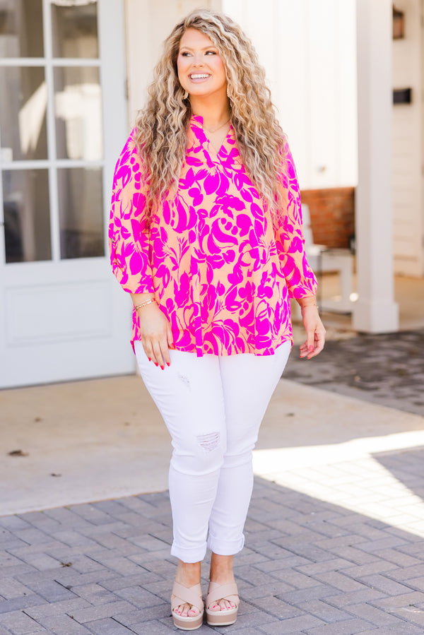 Chic Soul plus size clothing, apricot and pink floral top with three quarter length sleeves with v cutout on neckline