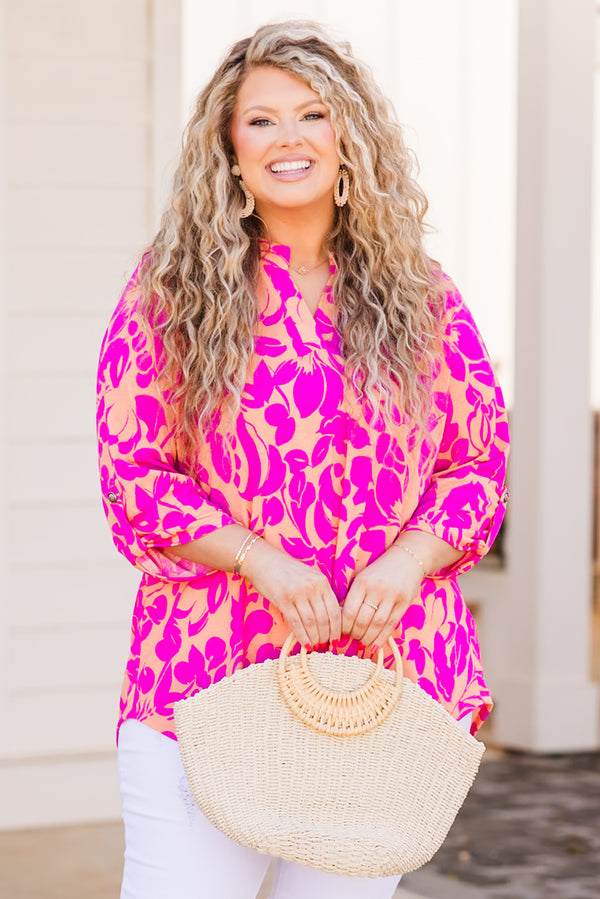 Chic Soul plus size clothing, apricot and pink floral top with three quarter length sleeves with v cutout on neckline