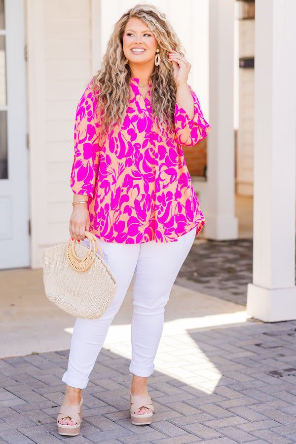 Chic Soul plus size clothing, apricot and pink floral top with three quarter length sleeves with v cutout on neckline