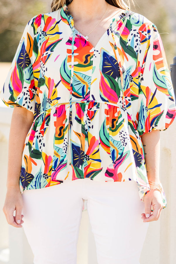 Chic Soul plus size clothing, cream tropical print top with balloon sleeves