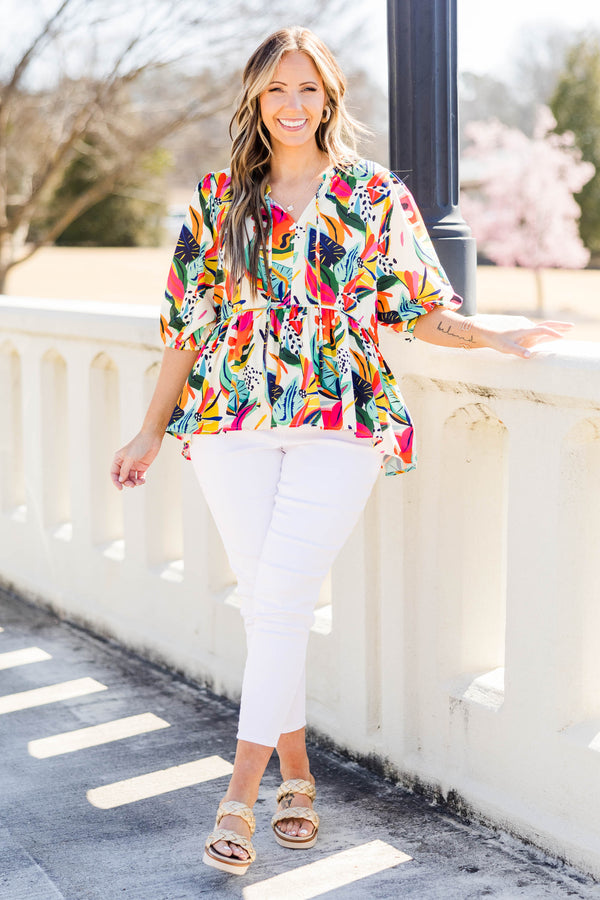 Chic Soul plus size clothing, cream tropical print top with balloon sleeves