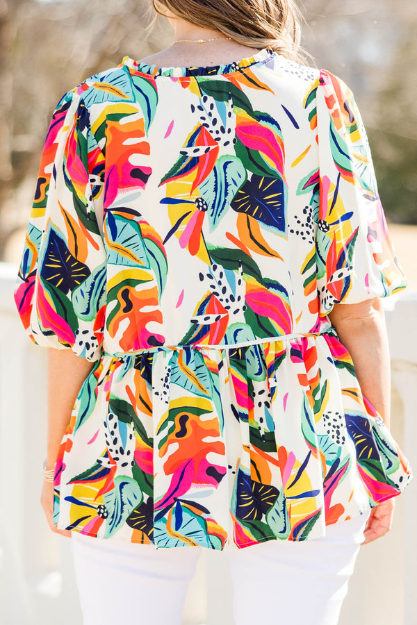 Chic Soul plus size clothing, cream tropical print top with balloon sleeves