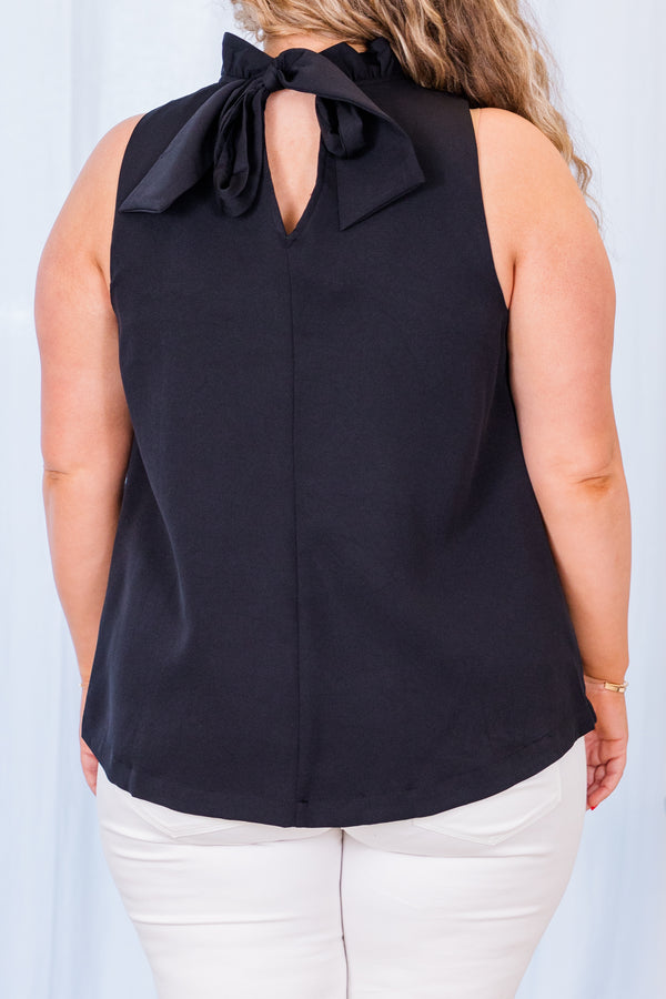 Chic Soul plus size clothing, black halter sleeveless tank top with ruffle detail along neckline and tie bow detail in the back
