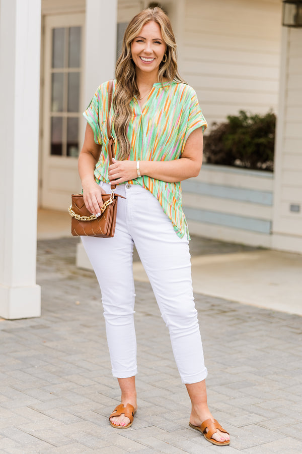 Chic Soul plus size clothing, green top with multicolor paint swatch pattern and a v neck
