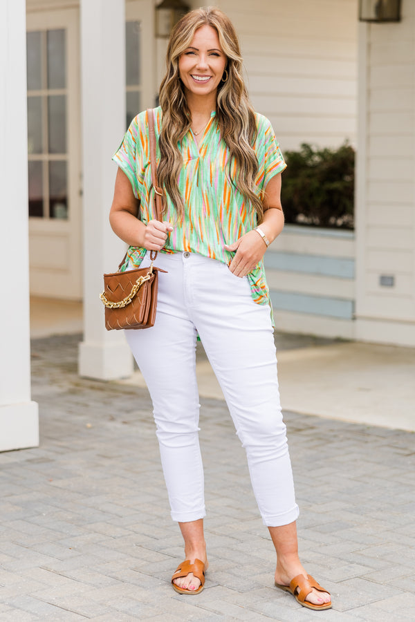 Chic Soul plus size clothing, green top with multicolor paint swatch pattern and a v neck