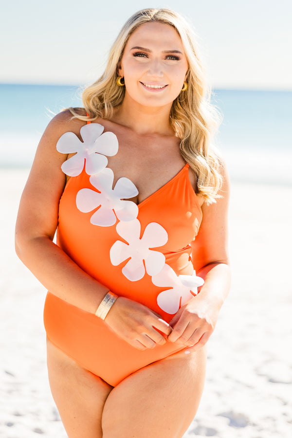 Chic Soul plus size clothing, spaghetti strap orange swimsuit with a 3-D white floral pattern across the swimsuit 