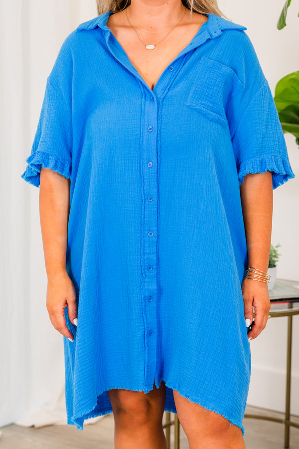 Chic Soul plus size clothing, coastal blue short sleeve linen knee length dress with button up detail and ruffle distressing on sleeves