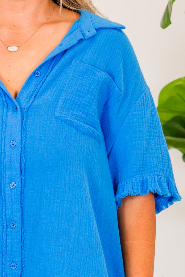 Chic Soul plus size clothing, coastal blue short sleeve linen knee length dress with button up detail and ruffle distressing on sleeves