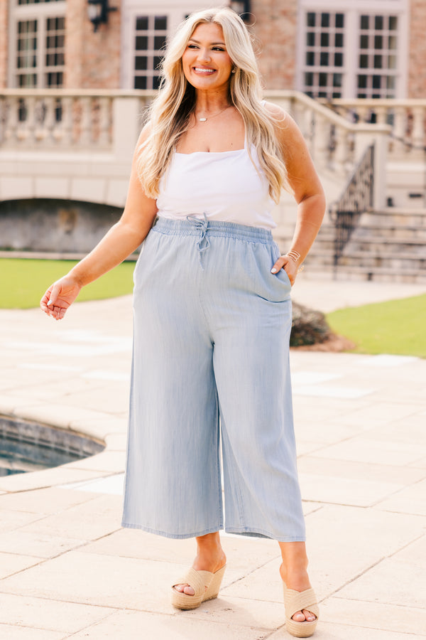 Chic Soul plus size clothing, light denim pant with wide leg and drawstring waist