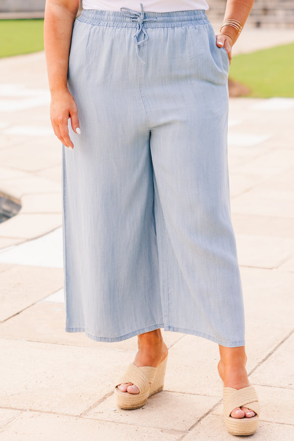 Chic Soul plus size clothing, light denim pant with wide leg and drawstring waist