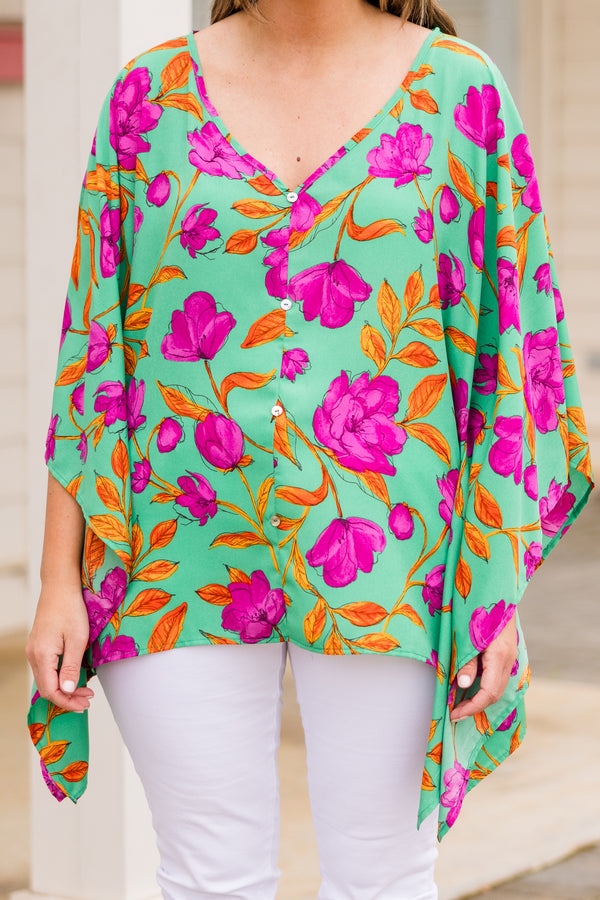 Chic Soul plus size clothing, green multi three quarter length sleeve button up detail top with floral print
